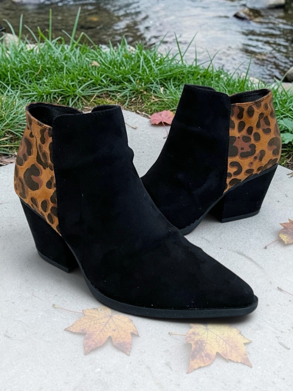 Centro Point Black Leopard Print Ankle Boots, Size 6.5